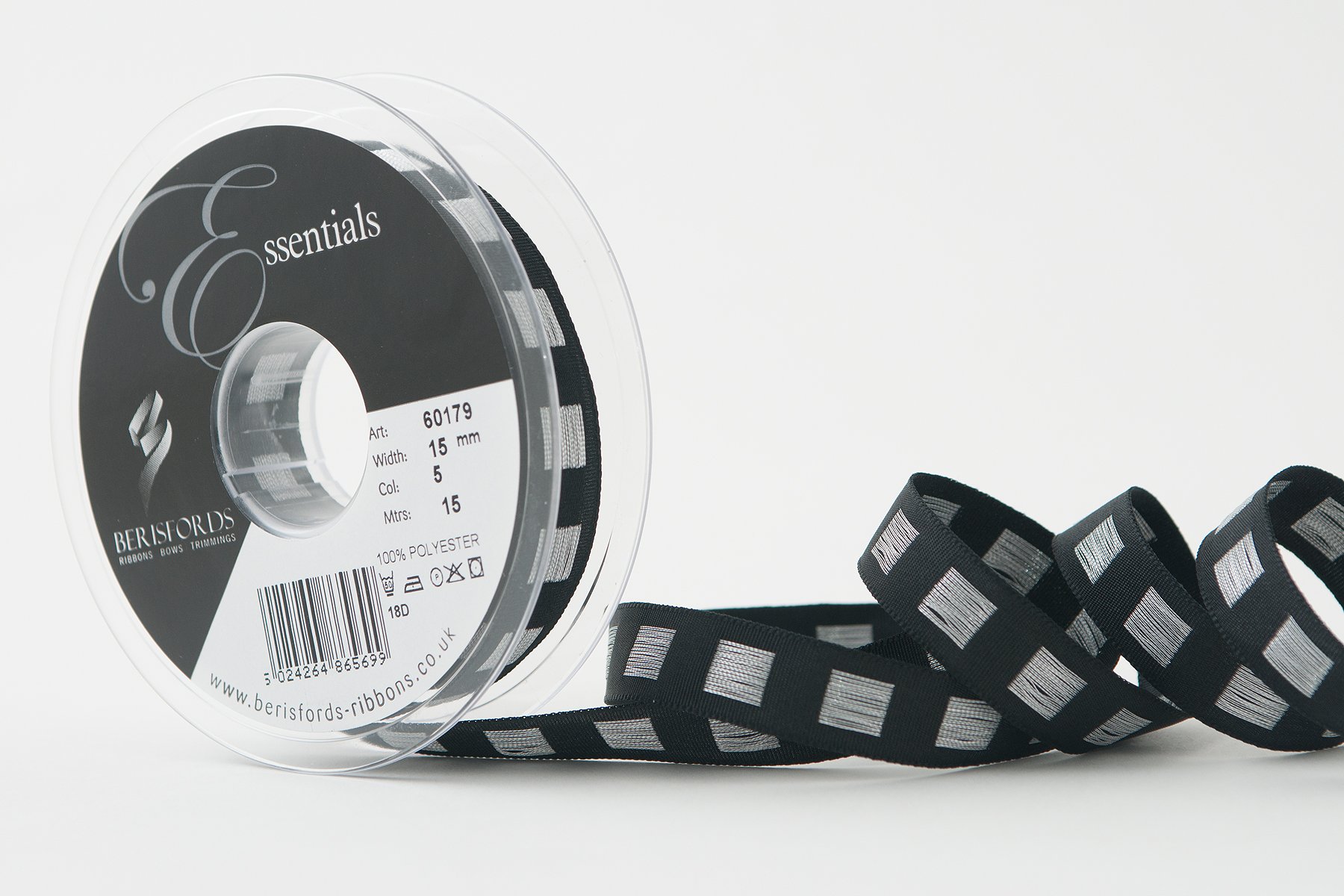 Berisfords Ribbon, Black/Silver, 15 mm
