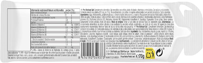Premium Pre-Workout Gel (12 x 70g) Sabor Cola-Lima, Precursore de Óxido Nítrico, Con L-Citrulina, L-Arginina, Beta Alanina, Cafeína y Vitaminas, Energía Inmediata, Monodosis Ready-to-use