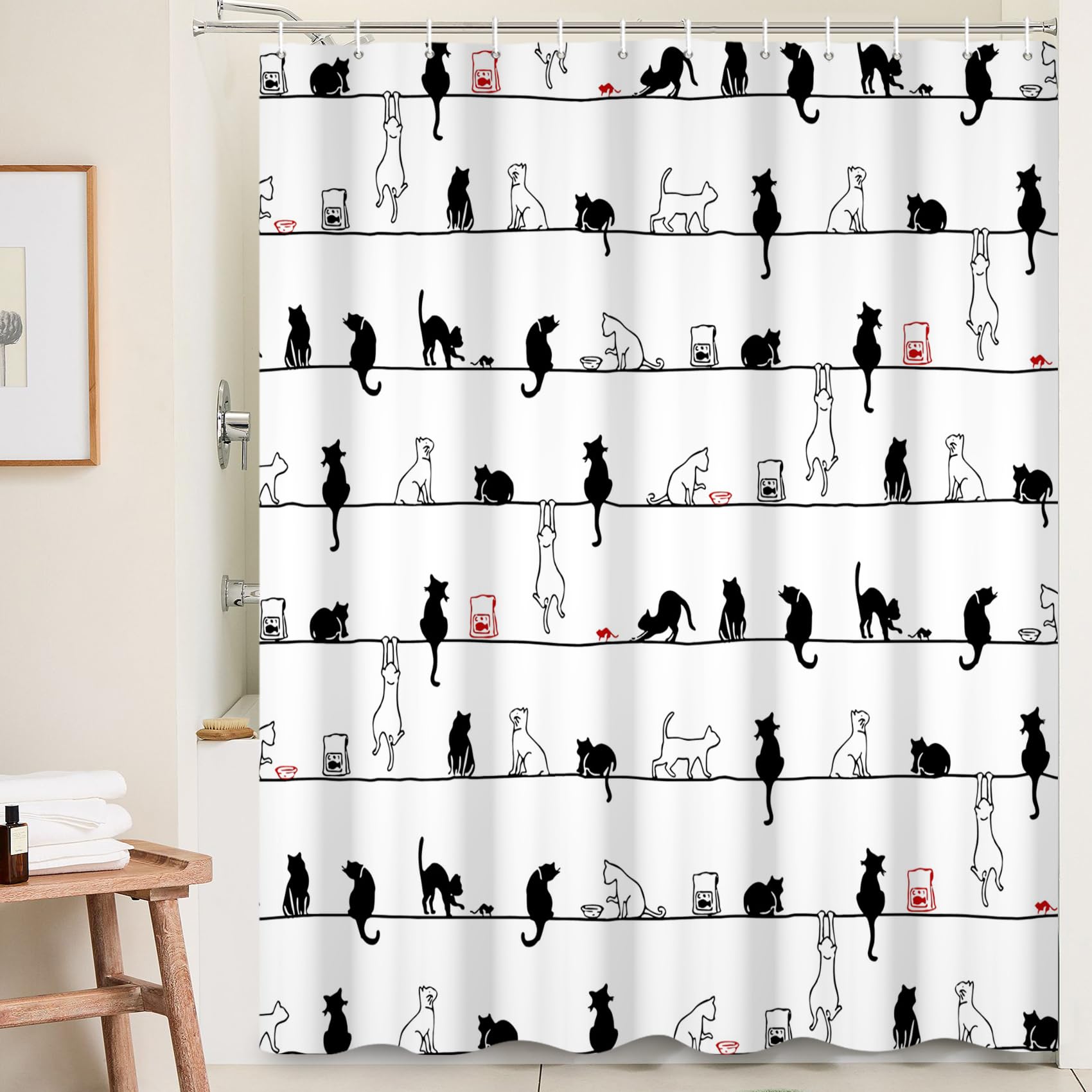 Ttincceer 71x71inch Black White Cat Shower Curtain with Hook Cute Simple Kitten Bath Curtain Black White Animal Funny Pet Shower Curtains Waterproof Bathtub Curtain