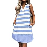 Mieazom Women Summer Tunic Dress V Neck Sleeveless Striped Casual Sundress Loose Flowy Swing Shift Dress with Pockets