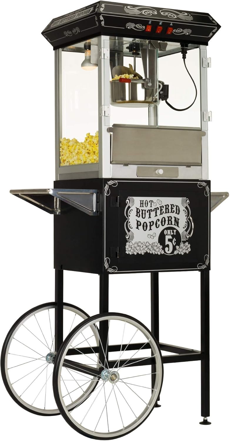 Funtime FT860CB Antique Carnival-Style 8-Ounce Hot-Oil Popcorn Popper with Cart, Black