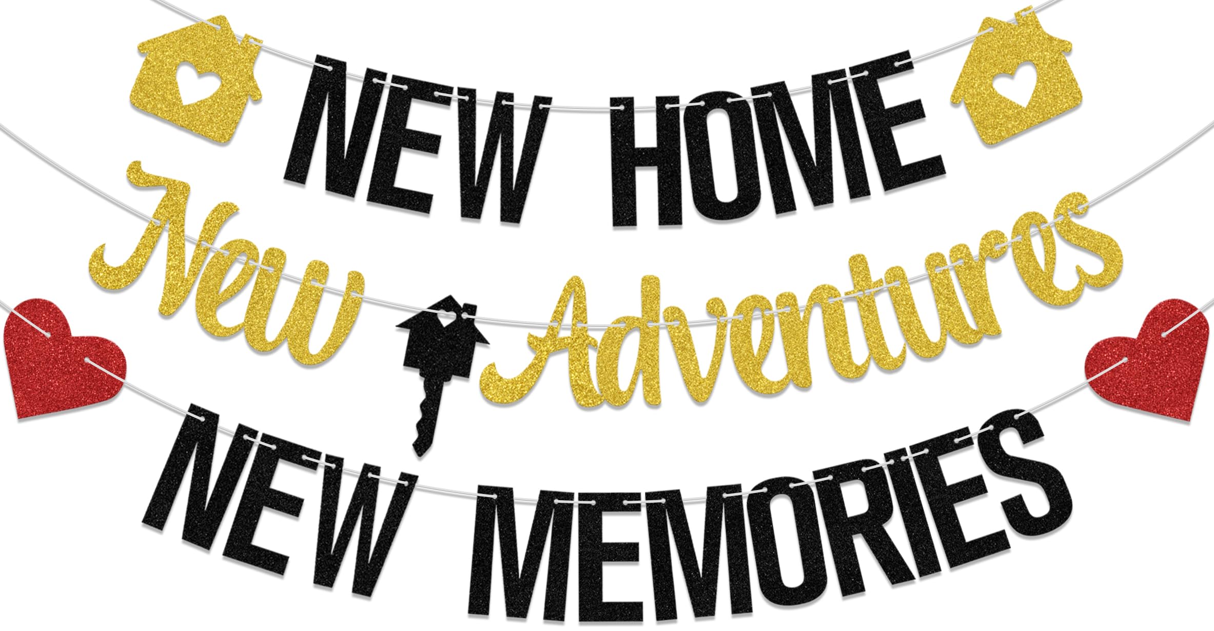 New Adventures New Memories Banner - Housewarming Decorations, Welcome Home Party for Family & Friends - Black Glitter