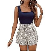 BEAUDRM Women's 2 Piece Floral Boho Outfit Sleeveless Square Neck Tank Top and Tribal Print Belted Shorts Vacation Sets