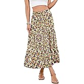 NILOUFO Women Summer High Waist Elastic A-Line Midi Skirt Flowy Tiered Pleated Beach Vacation Skirts with Pockets