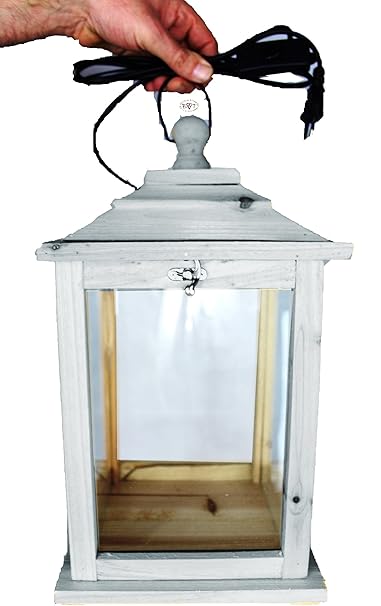 Holzlaterne, Laternen, komplett mit Beleuchtung, mit Glas und Holz - Rahmen, KL-OFOS-HELLGRAU aus Holz hell grau weiss weiß amazon silbergrau
