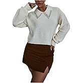 Verdusa Women's Old Money Collared Lantern Sleeve Cropped Sweaters Cable Knit Rhinestone Drop Shoulder Crop Knit Tops