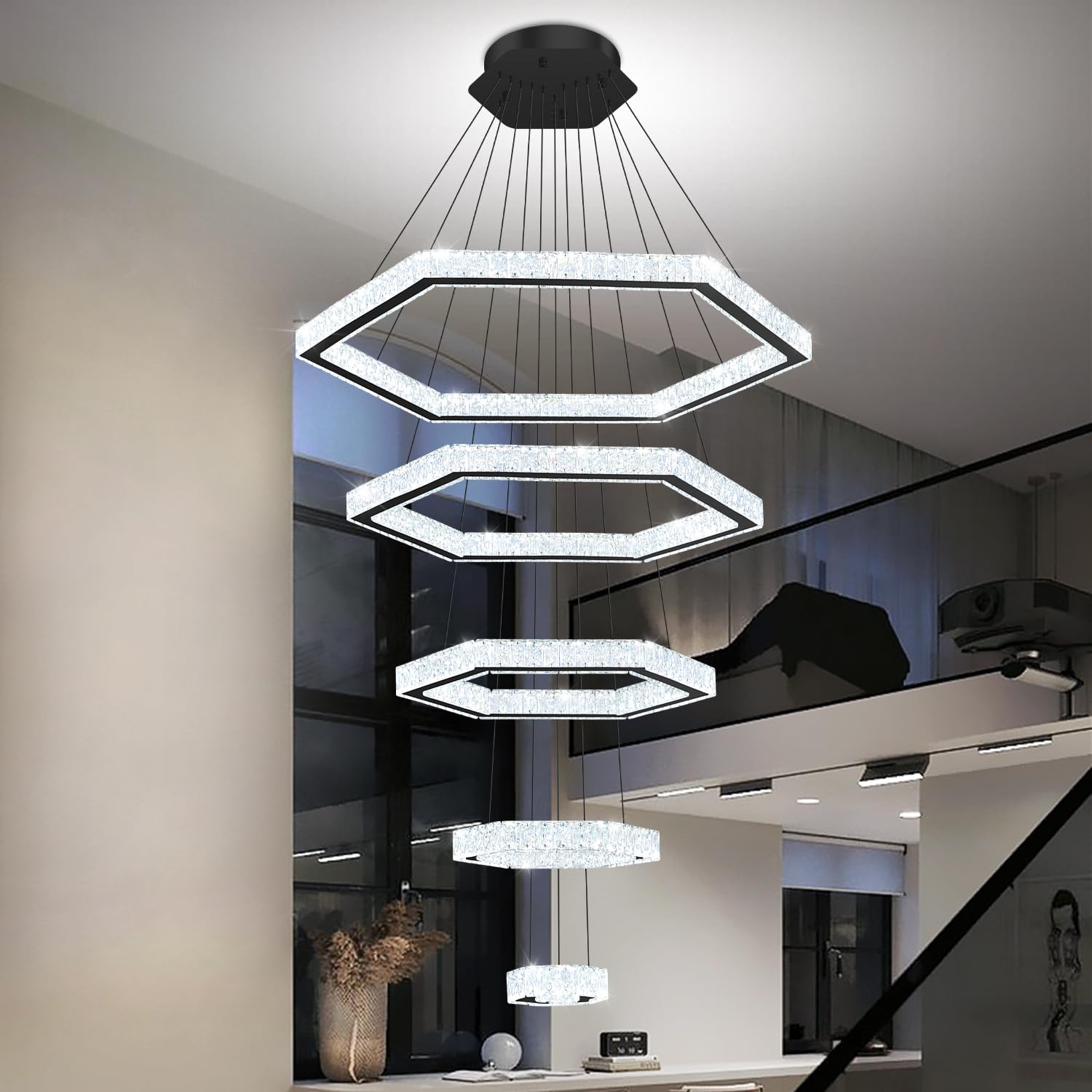 Photo 1 of **PARTS ONLY***IDEQUY Modern LED Large Ring Crystal Chandelier 5 Ring Pendant Lighting for Living Room Dimmable Height Shape Adjustable Black 8in+16in+24in+32in+40in