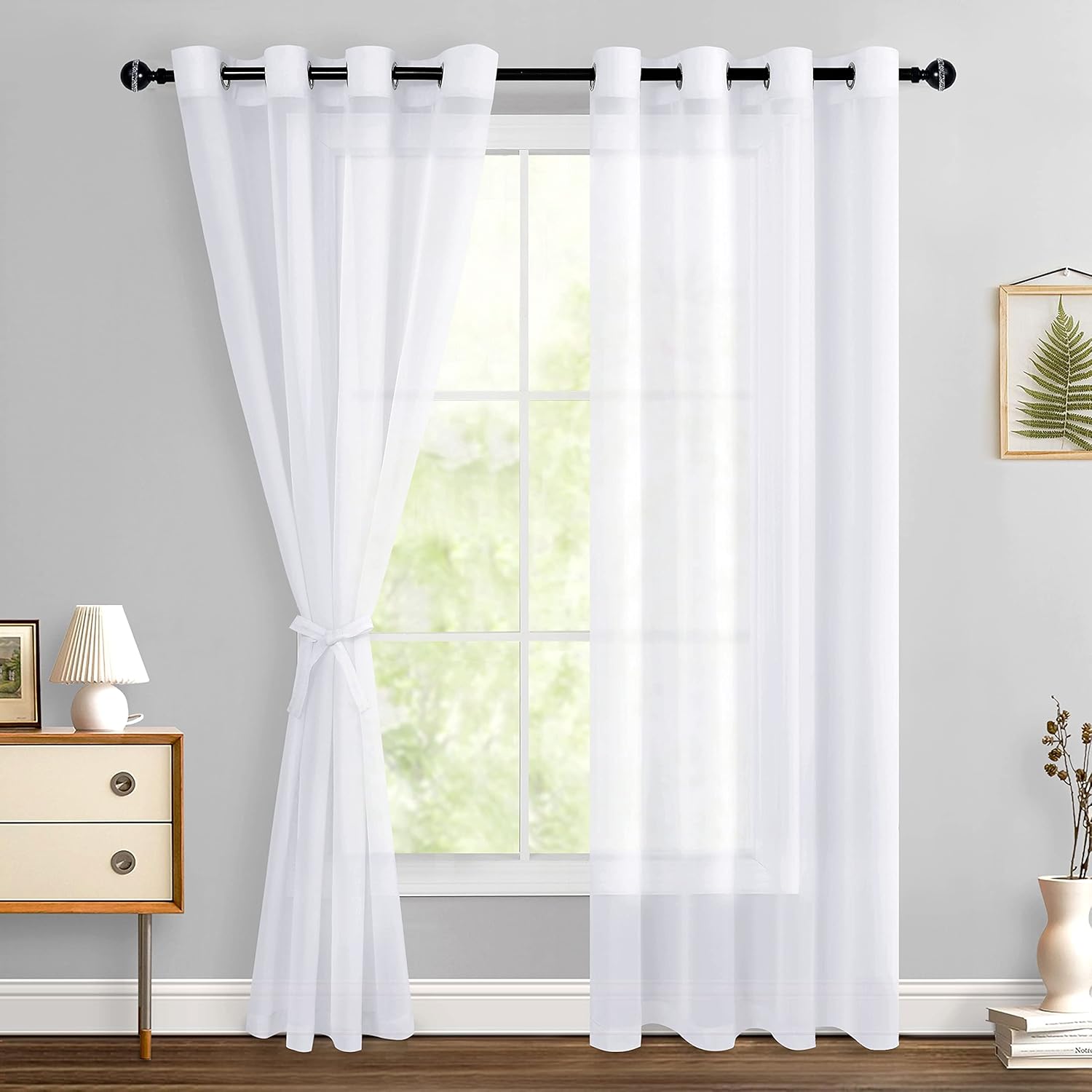 Window Treatments - Hiasan White Sheer Curtains 84 Inches Long with Tiebacks, Light Filtering Semi Transparent Lightweight Voile Grommet Window Curtains for Bedroom, Living Room, W52 x L84, Set of 2 Drape Panels