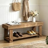 WINWY 42.5" Solid Wood Bench, Long Farmhouse Narrow Entryway Bench, Natural | with Storage Shelf, Rustic, Easy Assembly, for End of Bed, Indoor, Entryway, Dining Room, Bedroom, Living Room and Hallway