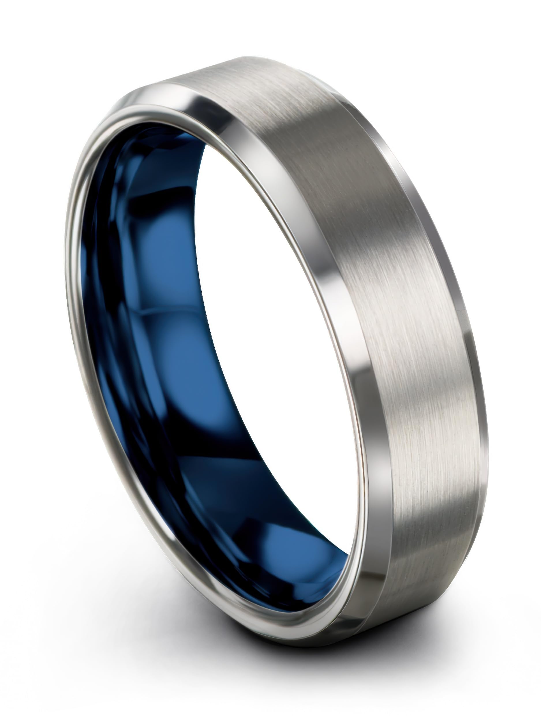 P. Manoukian Anillo de boda de carburo de tungsteno de 0.236 in para hombres y mujeres con interior azul gris exterior borde biselado cepillado pulido ajuste cómodo aniversario personalizado grabado tamaño 11