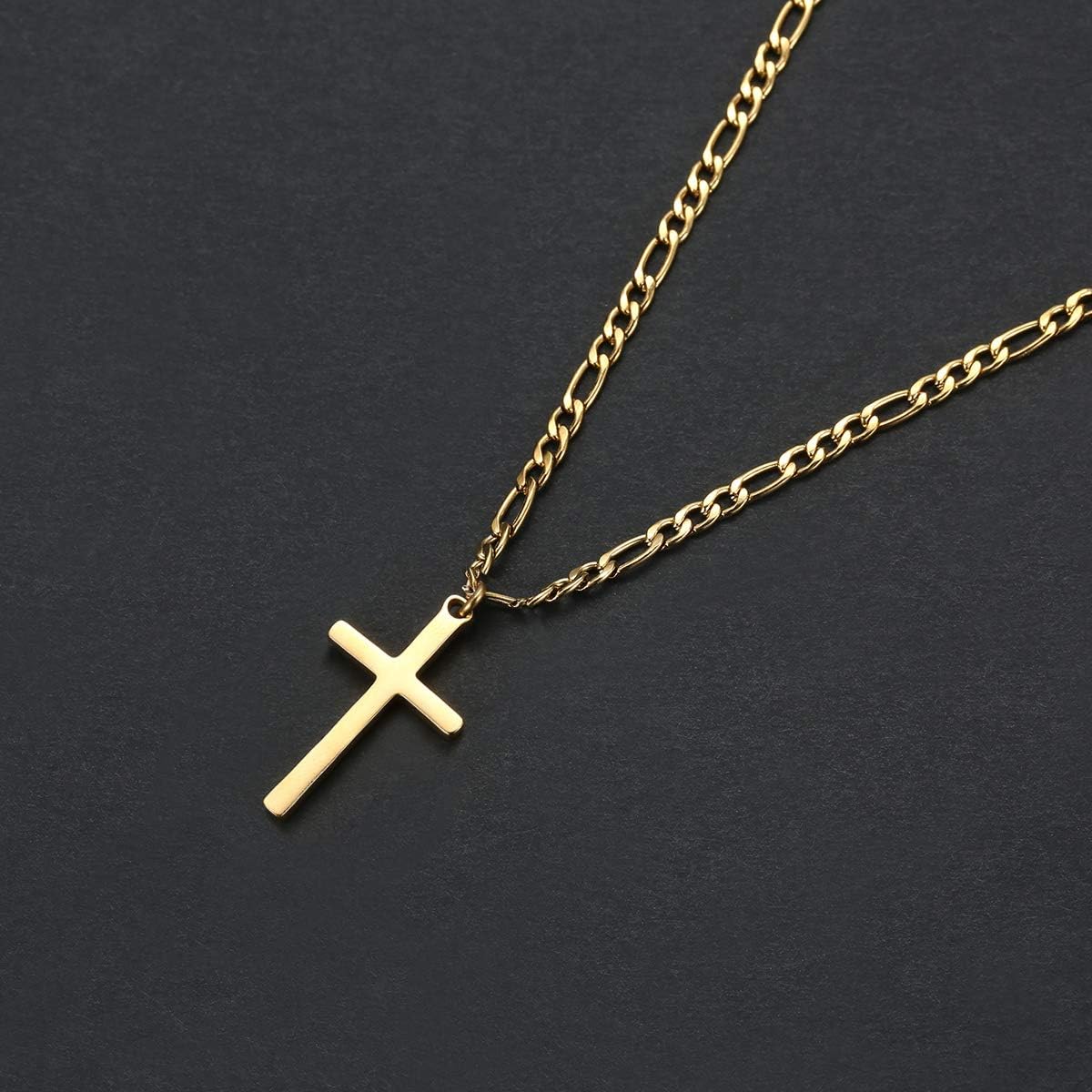 14K Gold Filled Cross Necklace for Men Figaro Chain Stainless Steel Plain Polished Cross Pendant Necklace Simple Faith Jewelry Gift for Boy Women Girls 24": Jewelry