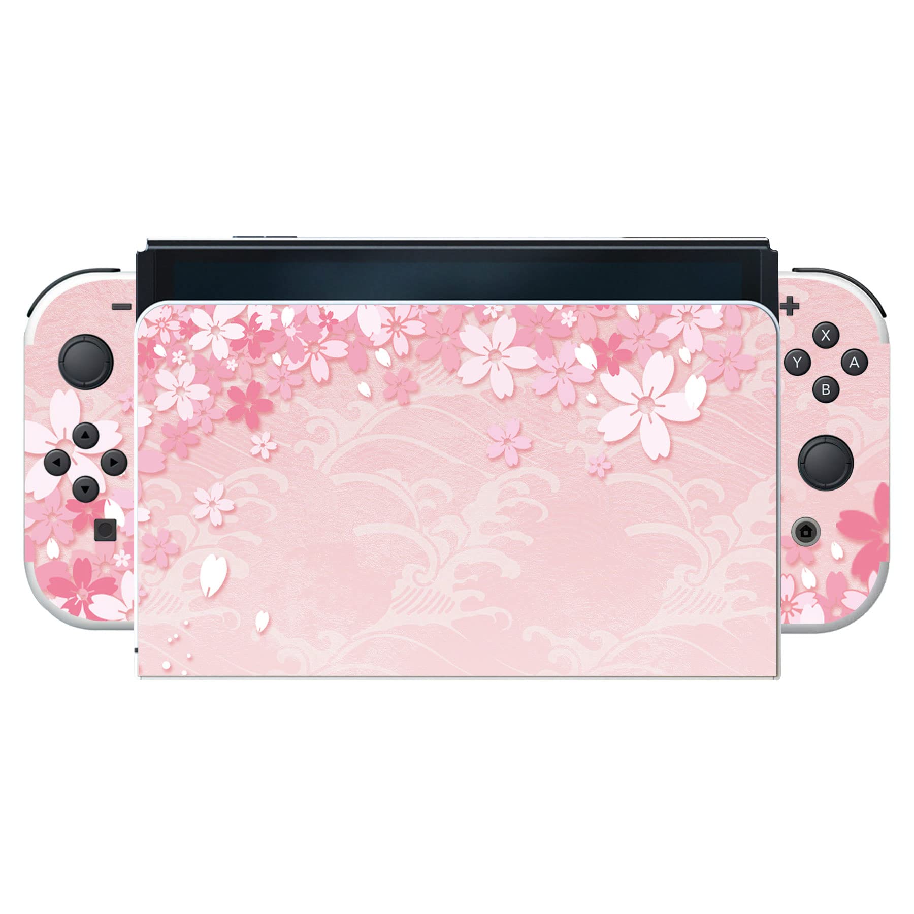 playvital Full Set Protective Stickers for Nintendo Switch OLED Model, Customized Vinyl Decal Skins for Switch OLED Console & Joycon & Dock & Grip - Cherry Blossoms Petals
