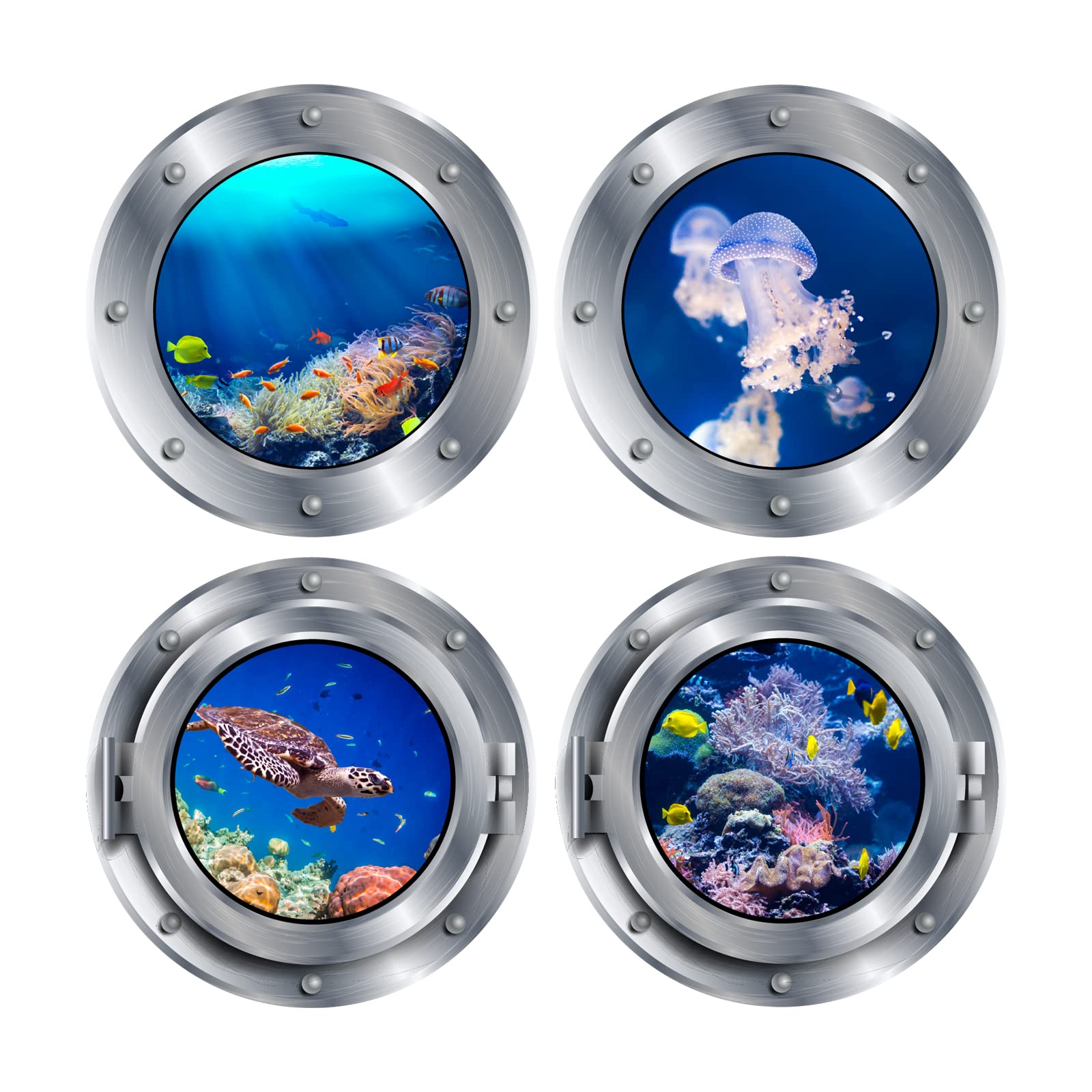 PLIGREAT 4 Pcs 3D Underwater World Window Wall Stickers Removable Under The Sea Wall Sticker for Bathroom Bedroom Playroom Nursery Wall Decoration Home Art Decor