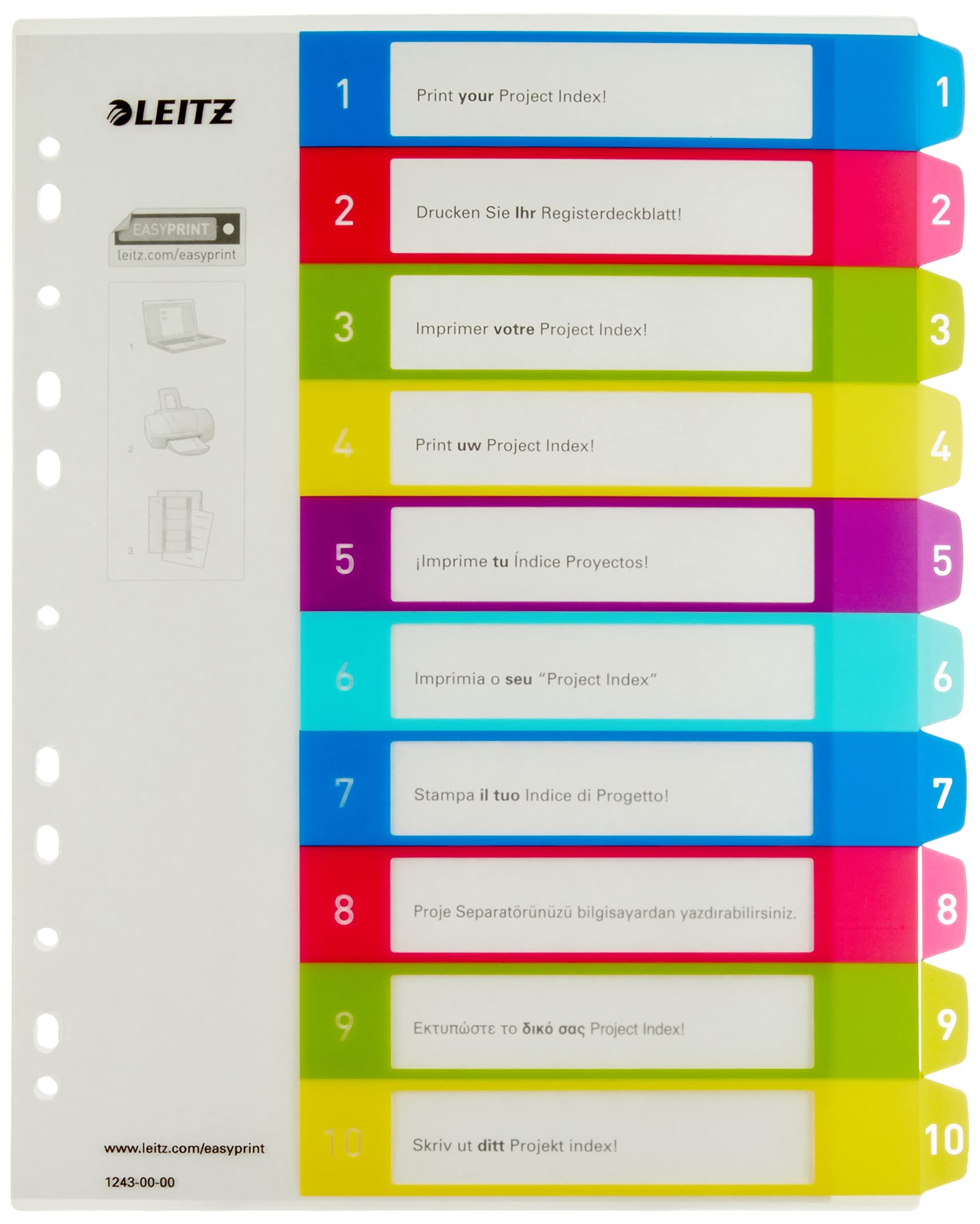 Leitz A4 12430000 WOW 1-10 Index, PC-Printable, Extra Wide, Heavy Duty Plastic, Multicolour