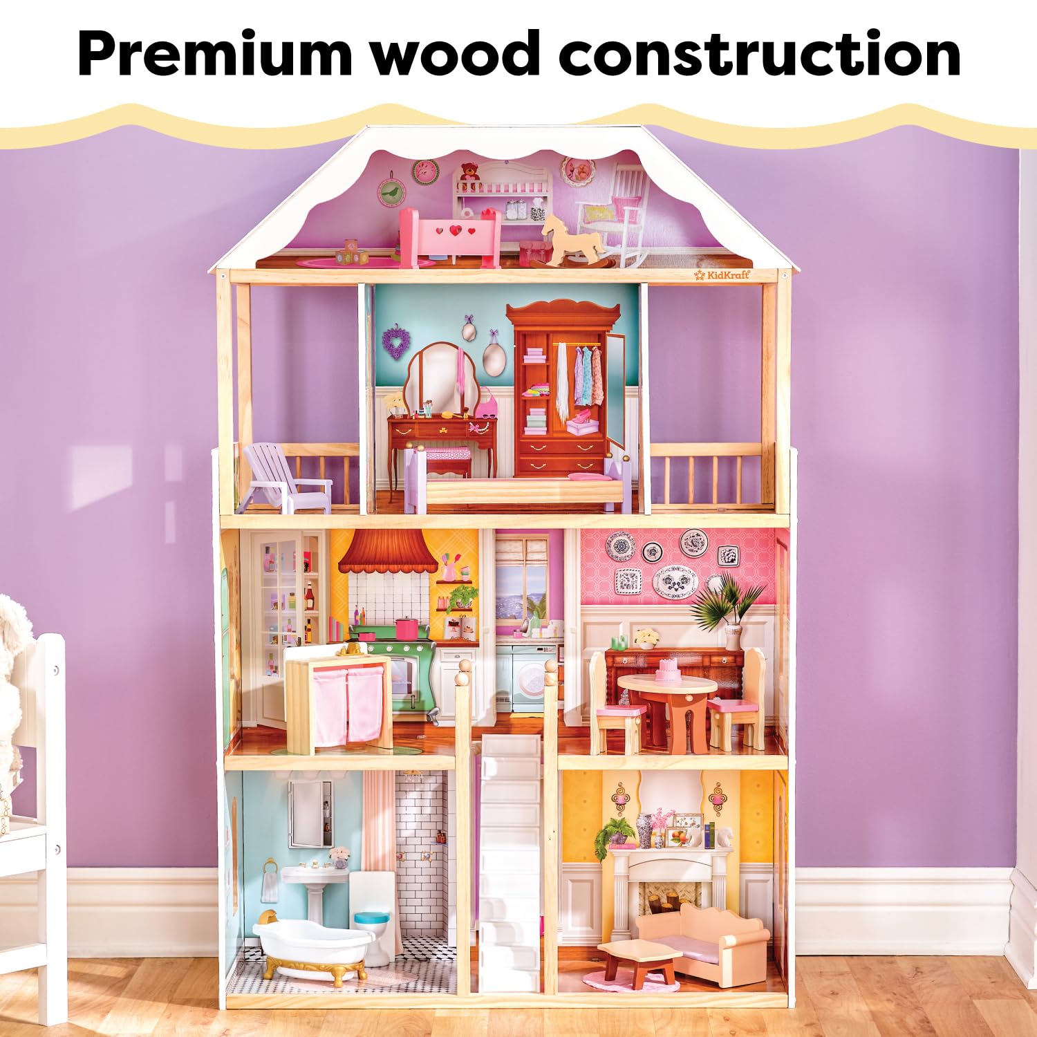 KidKraft Charlotte Classic Wooden Dollhouse with 14-Piece Accessory Set, for 12-Inch Dolls