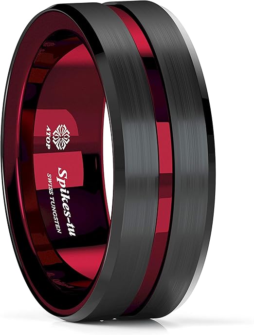 ATOP 8mm Black and Red Tungsten Ring For Men Wedding Bands Brushed Red