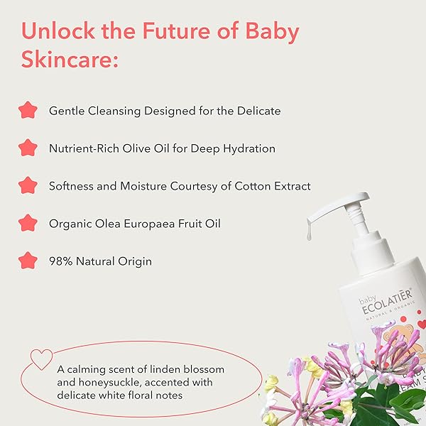 ECOLATIÈR BABY CREAM SOAP – 98% NATURAL, VEGAN, HYPOALLERGENIC BODY WASH & GENTLE BABY SOAP FOR SENSITIVE SKIN, NEWBORN & TODDLER CARE, SOFT & NOURISHING, 8.5 FL OZ