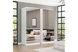 Hitow Large Mirror Wardrobe Armoire with Drawers, 63" Wide Wardrobe Armoire Closet with Glass Full Length Mirror Doors, Drawers & Hanging Rod, Wardrobe Clothes Storage Cabinet for Bedroom, White