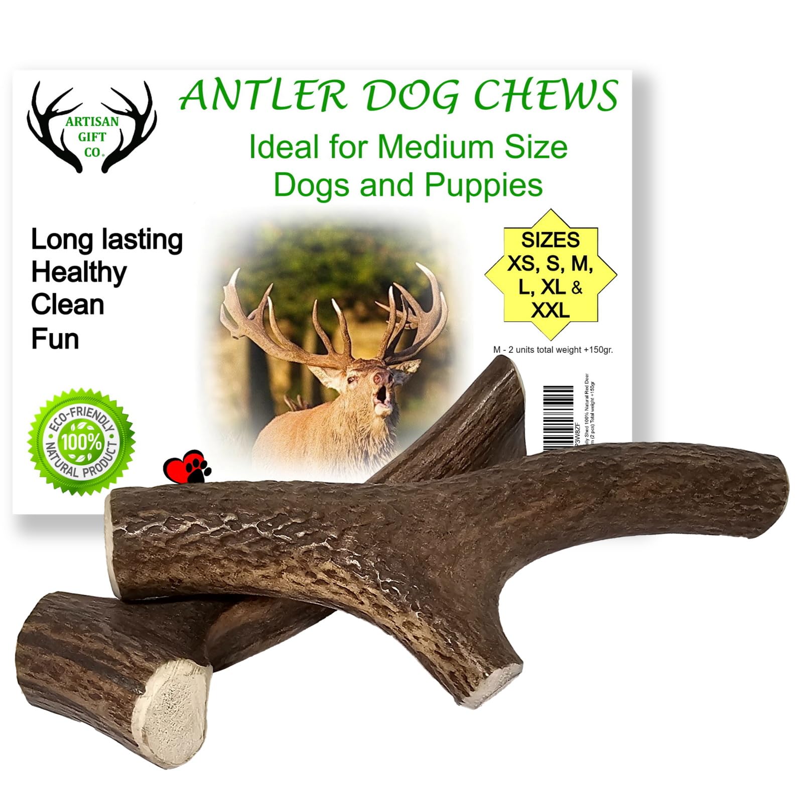 ARTISAN GIFT CO Naturally Shed 100% Natural Premium Deer Antler Chew for Dogs - minimum pack weight 150g (M - 2 Units) — image 1