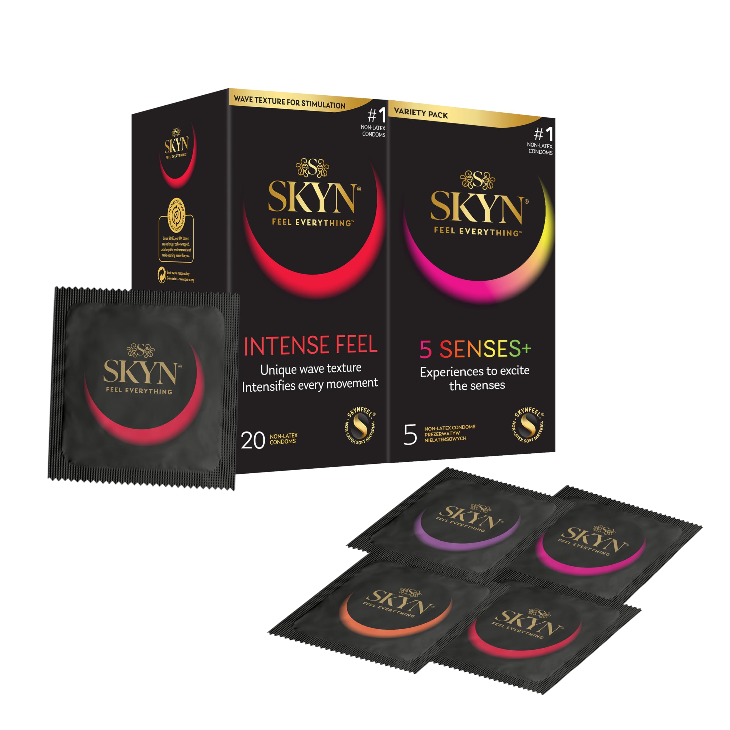 SKYN Intense Feel Condoms Pack of 20 & 5 Senses Pack of 5 / Skynfeel Latex Free Condoms for Men, Regular Size, Raised Dots, Cocktail Flavoured, Ultra-Thin, Warming, Cooling