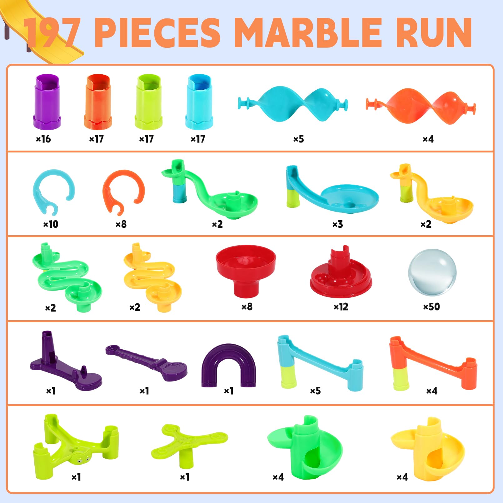 Yihurlm 197Pcs Marble Run,Marble Maze Game Construction Building Blocks Toys for Kids,Marble Track Game Educational Learning Toy for Boys Girls Birthday Gifts(147 Parts+ 50 Glass Marbles)