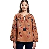 TUREAU Womens Embroidered Shirt Long Sleeve Peasant Blouse Lantern Sleeve Boho Tops V Neck Loose Lightweight Casual Tunic