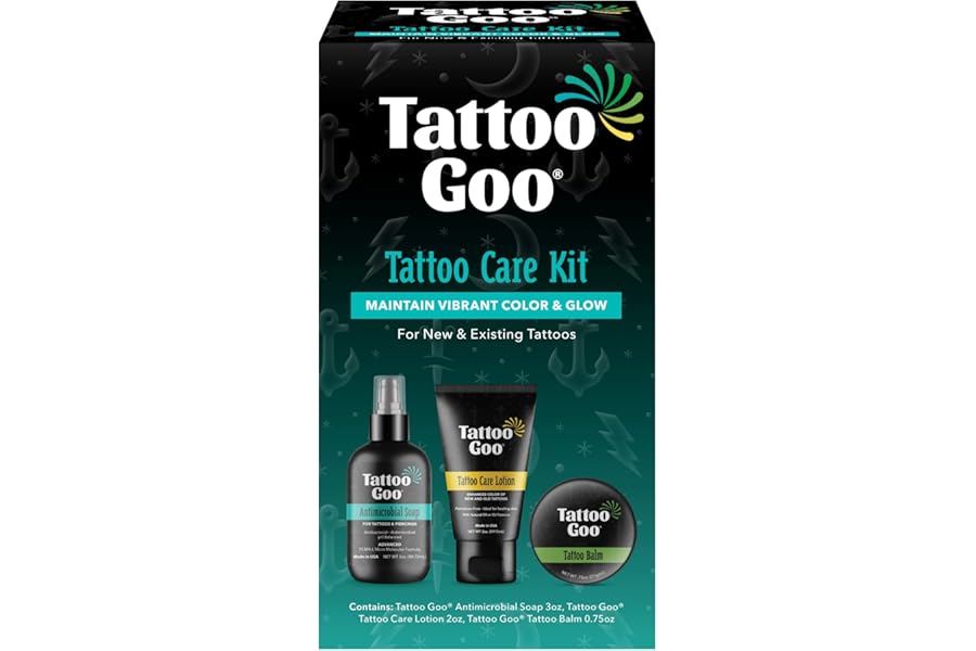 Tattoo Goo Aftercare Kit Includes Antimicrobial Soap, Balm, and Lotion, Tattoo Care for Color Enhancement + Quick Healing – Cruelty-Free, Petroleum-Free, Tattoo Artist Gifts (3 Piece Set)