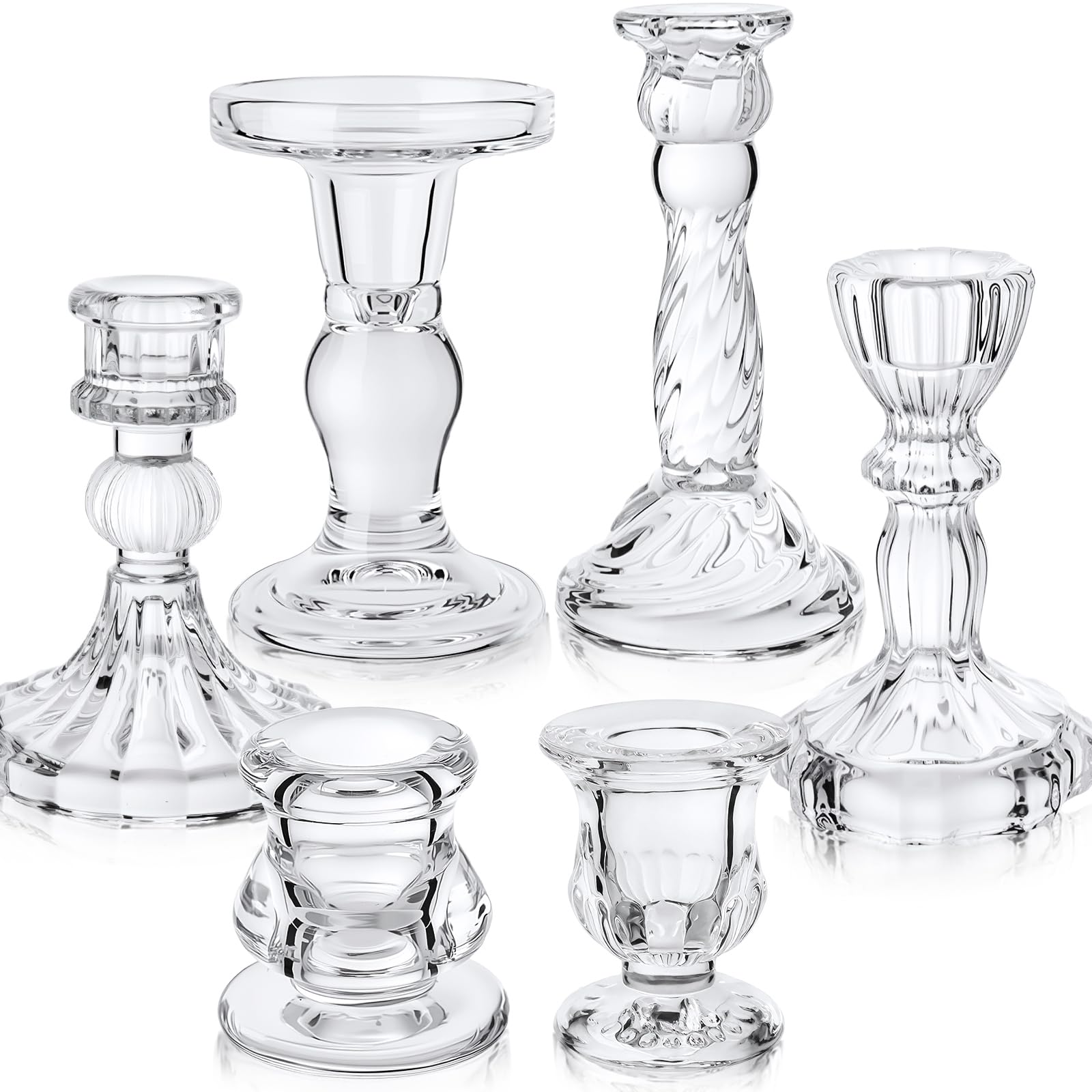 Photo 1 of Mumufy 6 Pcs Glass Crystal Taper Candle Holders Clear Glass Candlestick Holder Fit 0.8 Inch Candles Crystal Decorative Candle Stand Centerpiece Table Wedding Dining Party (Simple,Clear)