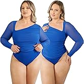 SHAPELLX Long Sleeve Bodysuit Tummy Control Shapewear Built in Bra 2 in 1 Bodysuit Tops Thong Full Body Shaper for Womens