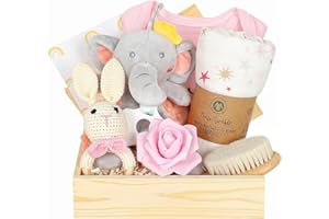 iAOVUEBY Baby Girl Gifts, Baby Shower Gifts for Girls, Baby Gift Set for Newborn Girl Essentials, Wooden Baby Gift Basket Swaddle Blanket Rattle Toy Onesie Infant Hair Brush