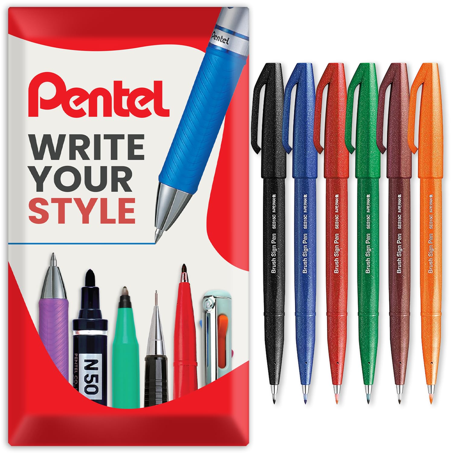 Pentel Brush Sign Pen SES15C - Brush Nib - Fibre Tip - Black, Blue, Red, Green, Brown & Orange - Pack of 6 in Envelope Gift Packaging