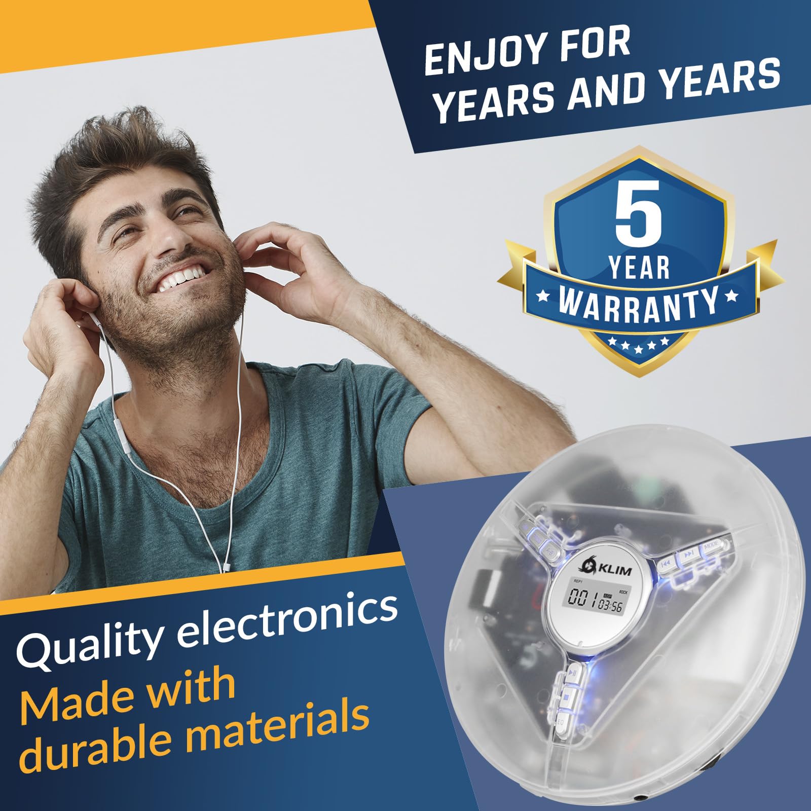 KLIM Discman Portable CD Player with Headphones, Built-in Battery - New - CD Players for Home, Car - Compatible w/SD Card CD CD-R CD-RW MP3 WMA - 5 EQ Effects - Walkman CD Player - Clear White