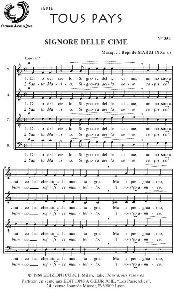 Partitions Classique A Coeur Joie De Marzi B Signore Delle Cime Chorale Satb Choeur Et Ensemble Vocal Amazon Fr Instruments De Musique