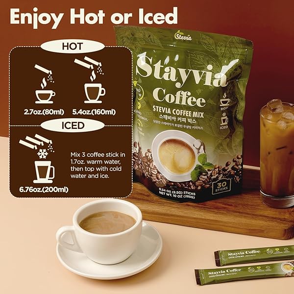 STAYVIA COFFEE STEVIA INSTANT COFFEE PACKETS – KOREAN INSTANT LATTE WITH SUGAR-FREE & LOW CALORIES – 30 STICKS (0.33OZ) – PLANT-BASED SWEETENER – ENJOY CAFFEINE HOT & COLD AT OFFICE, HOME & TRAVEL