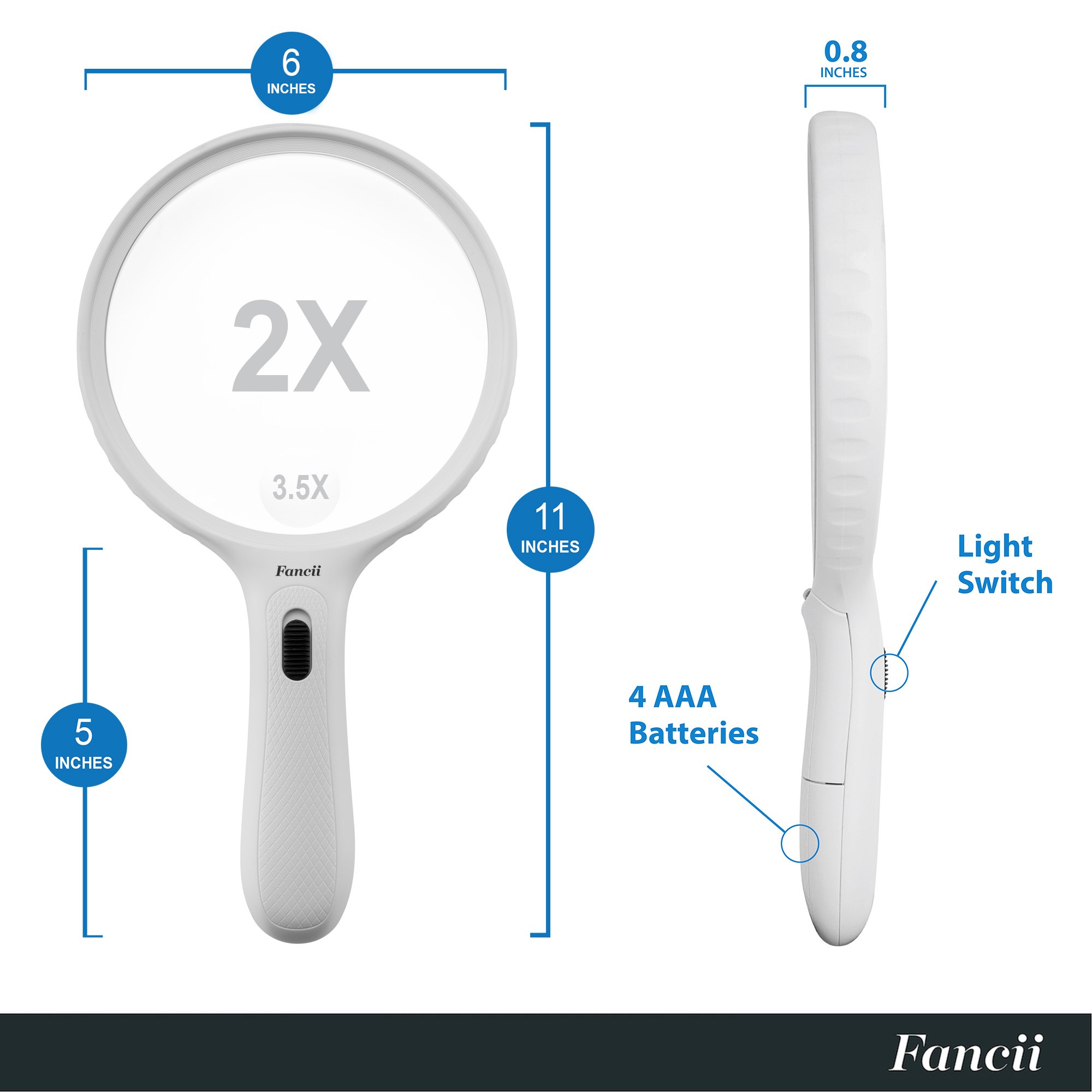Fancii Large LED Lighted Handheld 2X Magnifier with 3.5X Zoom, 5.5