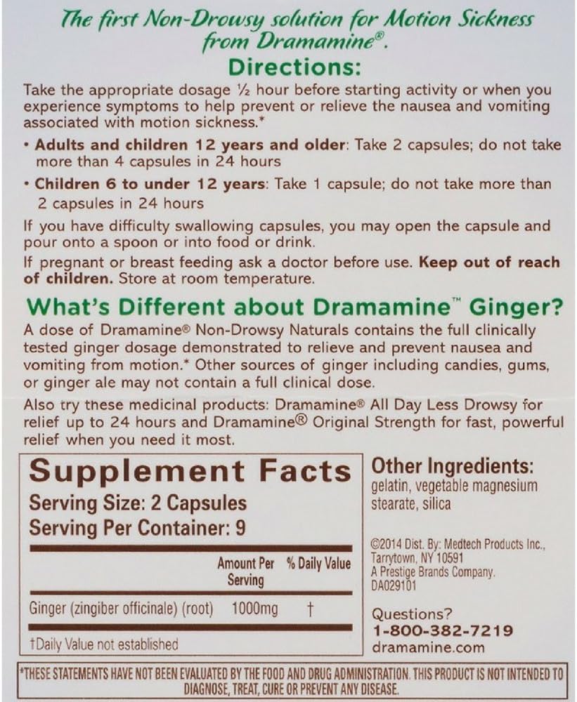 Dramamine Non-Drowsy Naturals Motion Sickness Relief | 18 Count: Health & Personal Care