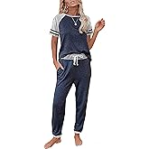 PRETTYGARDEN Women Summer Two Piece Outfits Striped Short Sleeve Pullover and Long Pants Tracksuit Travel Pajama Lounge Set
