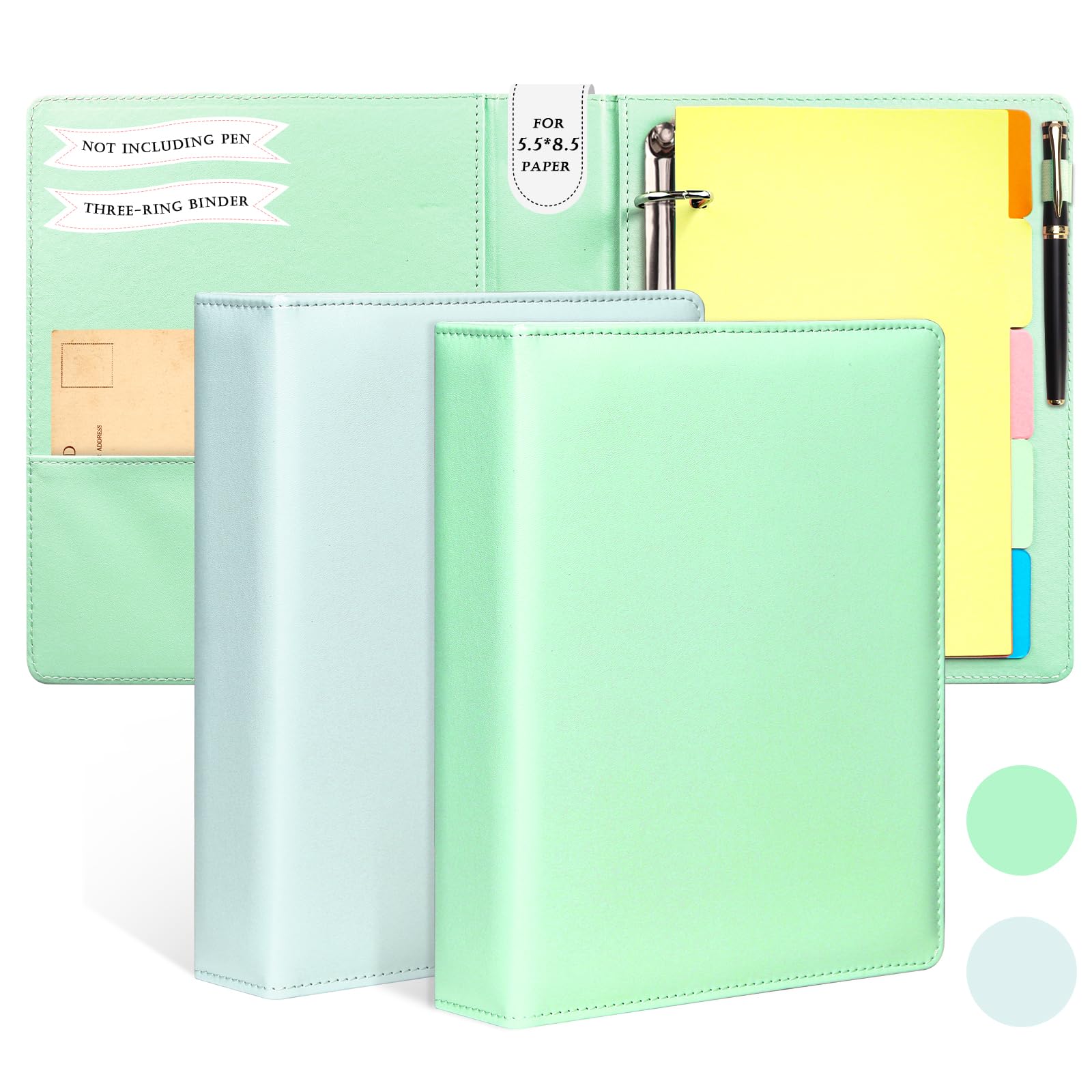 Photo 1 of 2 Pack Mini Size 3 Ring Binder 1 inch Rings 5 Colors Dividers Pu Leather Binders 5.5" X 8.5" Holds 200 Sheets Paper Three Ring Binder DRing with Pen Loop 1 Pockets School Office (Green&Blue)