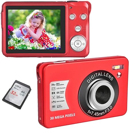 Amazon Co Jp デジカメ デジタルカメラ コンパクトカメラ ポケットカメラ 小型カメラ 1080p 30mp 2 7インチスクリーン 子供向け 8倍デジタルズーム 32gb Sdカード同梱 レッド 家電 カメラ