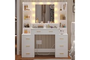 BTHFST Glass Top Vanity Desk with Mirror and Lights, Makeup Vanity with Lights, Charging Station and 10x Magnifying Mirror, Large Vanity Table with 8 Drawers, Acrylic Dividers and Shelves, White