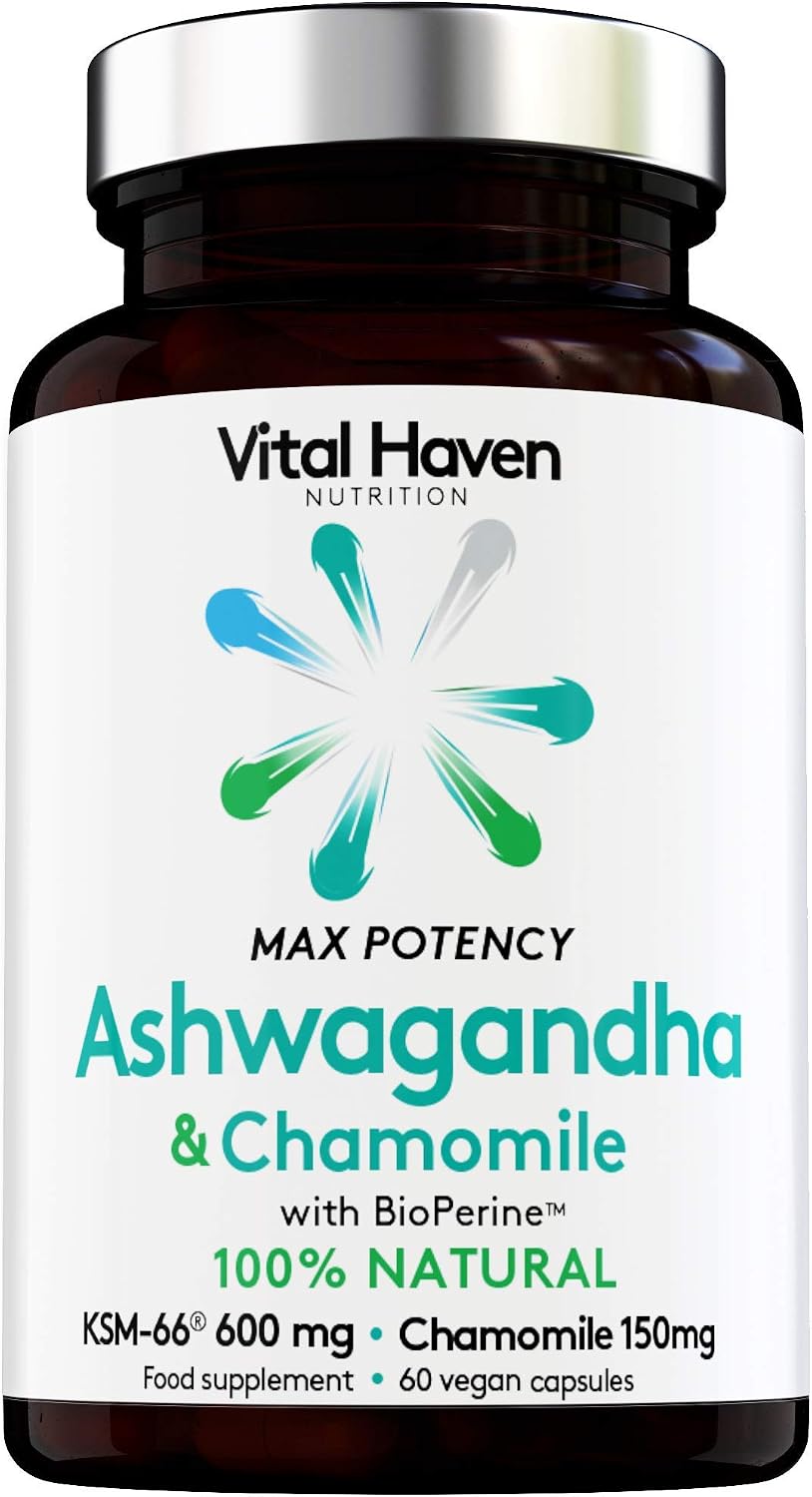 Vital Haven Ashwagandha KSM-66 (600mg) + Chamomile (150mg) Supplement with BioPerine - UK Made, 60 count (Pack of 1)