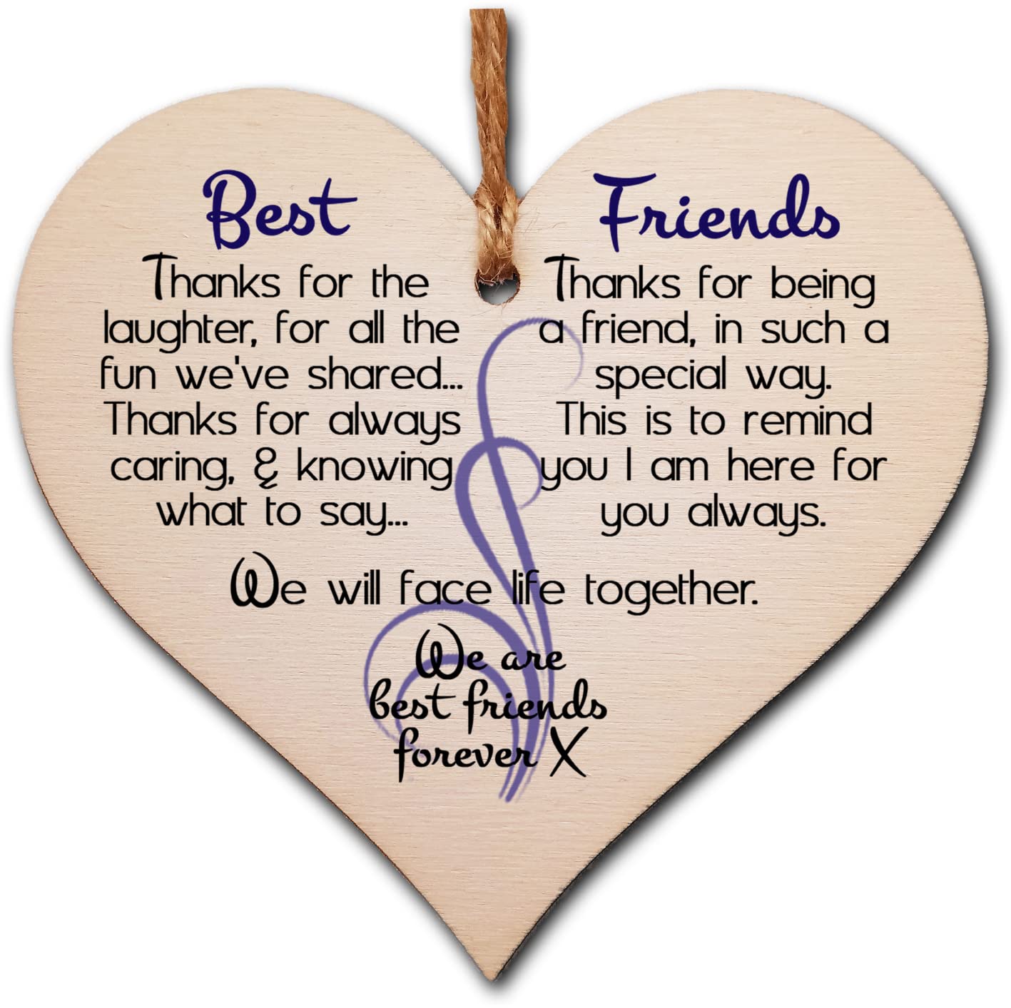 Heart Shaped Friendship Gift Plaque – Sentimental Wooden Hanging Decoration with Twine – Uplifting Quote for Best Friend, BFF, Colleague or Loved One – Rustic 10x10cm Keepsake Sign