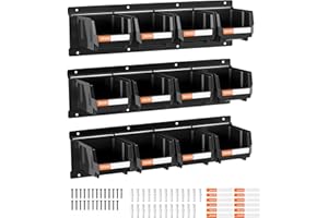 VEVOR Wall Mounted Storage Bins, 12 Plastic Bins & 3 Metal Rails, Plastic Hanging Stackable Storage Bin for Screws, Nuts, Bol