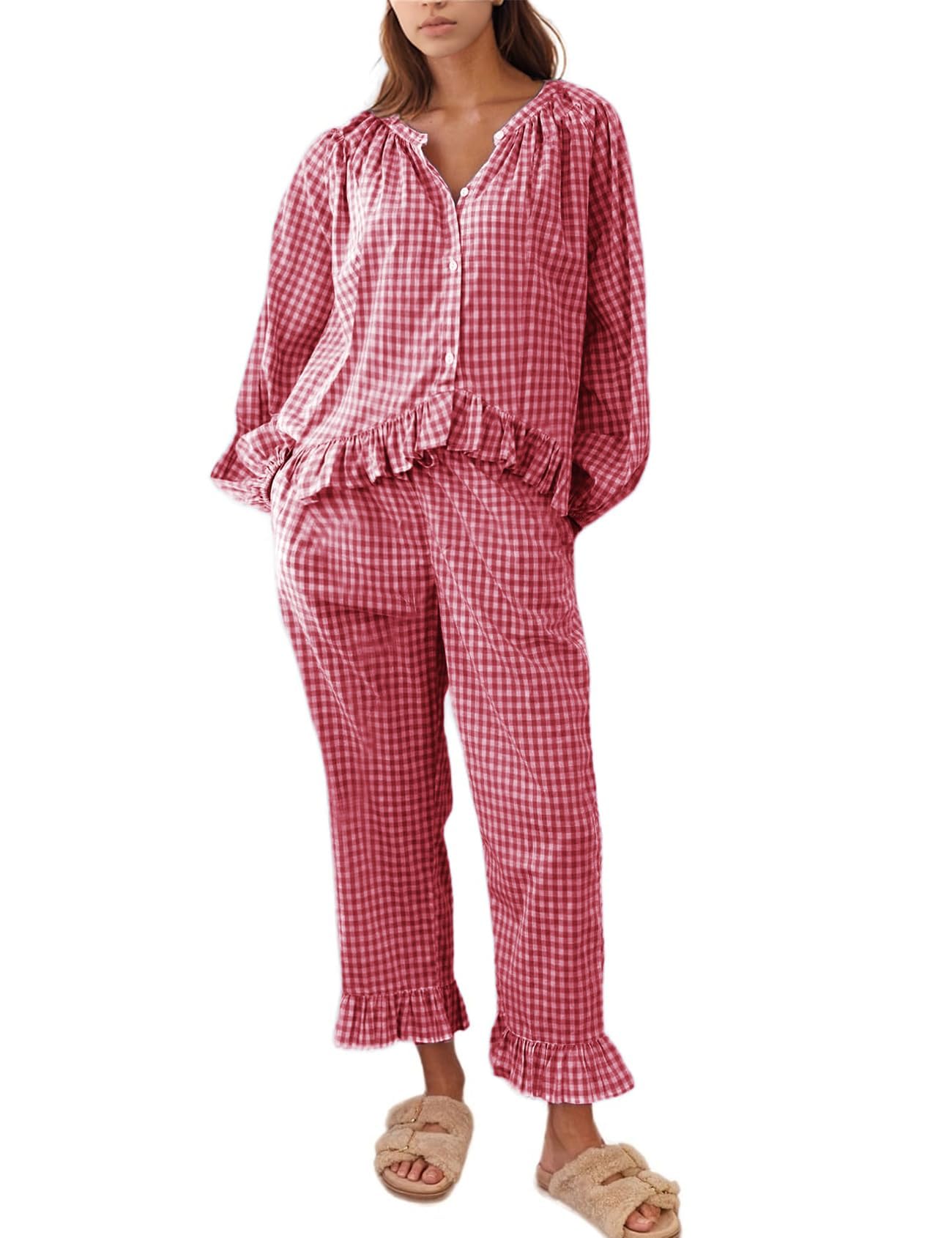 Photo 1 of *MINOR DAMAGE - USED*
Flygo Womens Plaid Pajamas Sets 2 Piece Cotton Pj Set Puff Sleeve Ruffle Babydoll Shirt Gingham Pants Lounge Sets (Red-XXL)