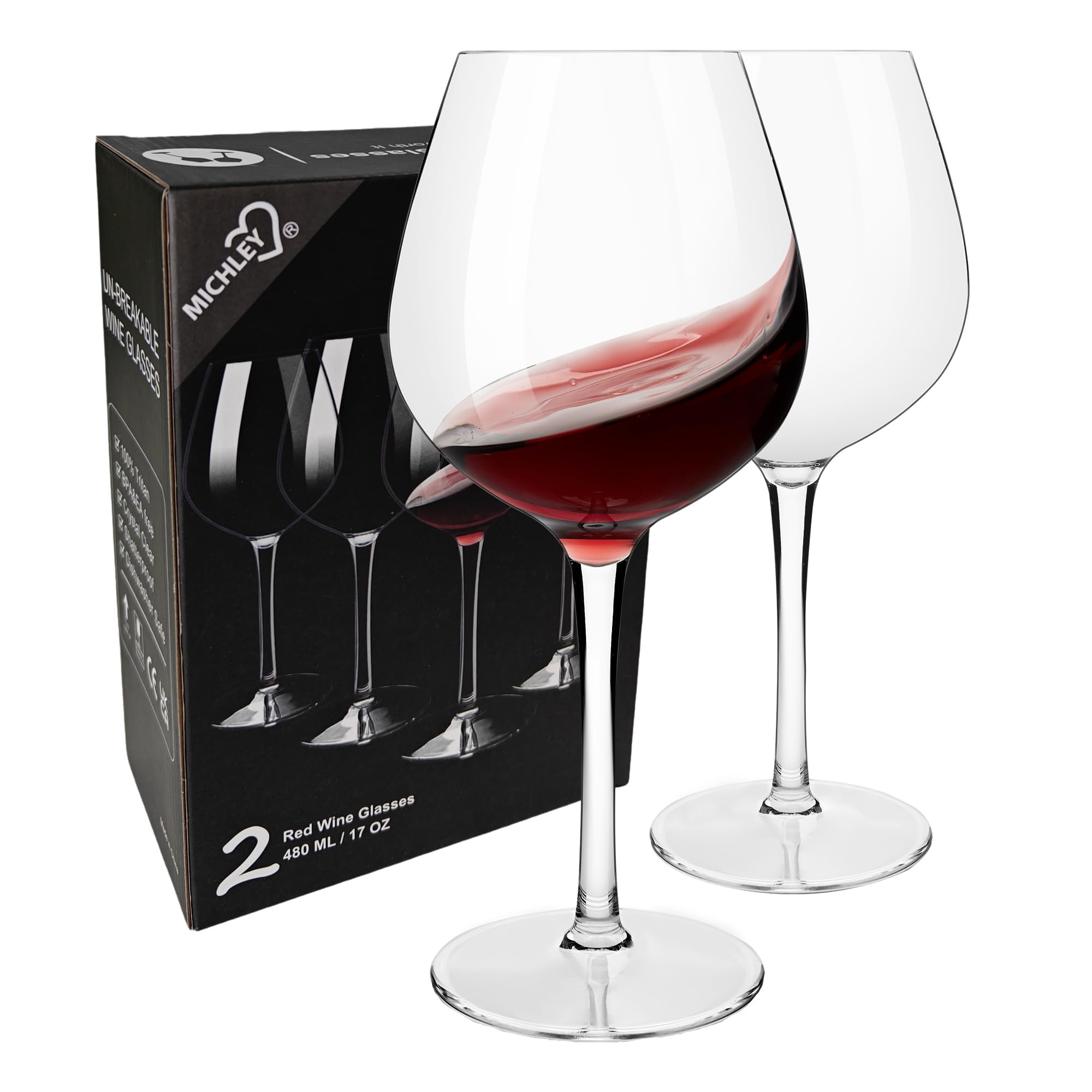 COOKY.D Large Tritan-Plastic Red Burgundy Wine Glasses 17oz, Unbreakable Long Stemmed Glassware for Party, Birthday, Dishwasher Safe, Dishwasher Safe, BPA Free, Set of 2