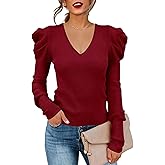 Amarmia Women's Puff Long Sleeve Knit Pullover Sweaters Casual V Neck Ribbed Solid Soft Slim Fit Sweater Blouse Tops
