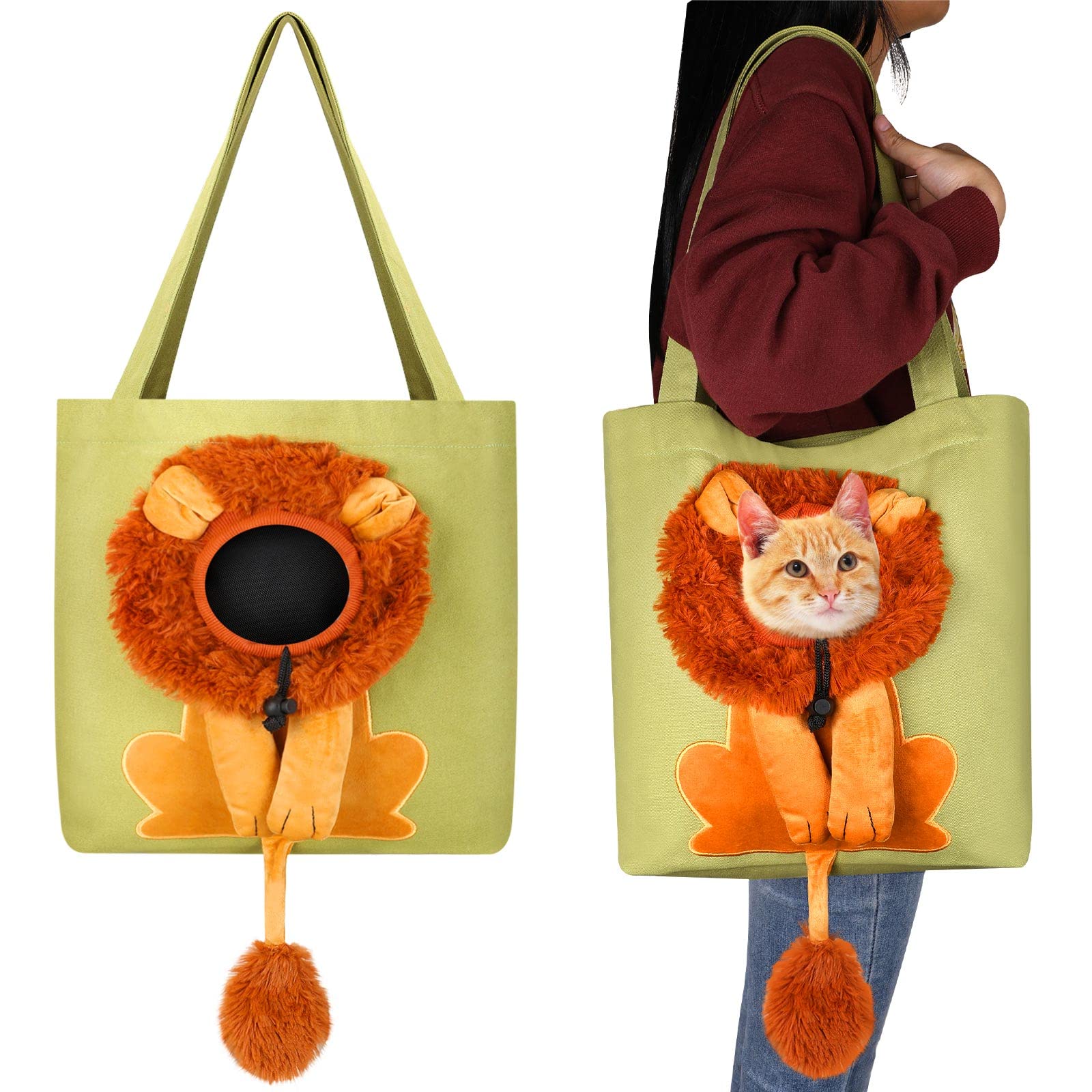 Photo 1 of Cunno Pet Canvas Shoulder Bag Lion Shaped Cute Cat Carrier Handbag Portable Carrying Dog Tote Bag for Small Animal Supplies Outdoor Travel(Green)