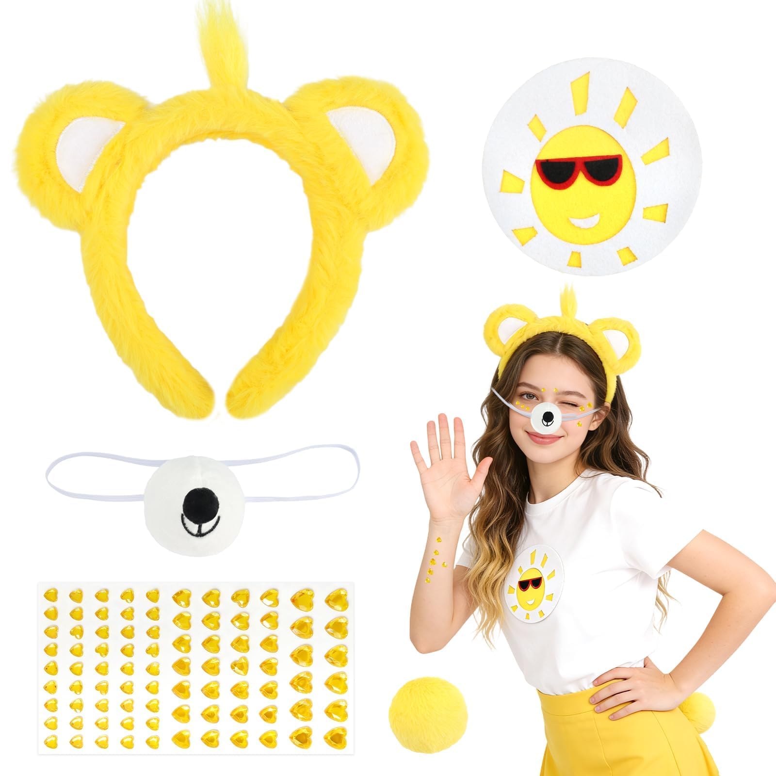 Dazzroi 5Pcs Cute Bear Costume Accessories, Bear Fancy Dress kit with Furry Bears Ears Headband Nose Tail Stickers, Adorable Animal Cosplay Set for World Book Day Carnival Birthday Party