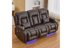 IPKIG 76" Power Reclining Sofa, Electric Home Theater Seating with Flipped Middle Backrest/LED Lighting/USB Ports/Built-in Outlets, Dual Recliner Sofa 3 Seater for Living Room RV (Brown)