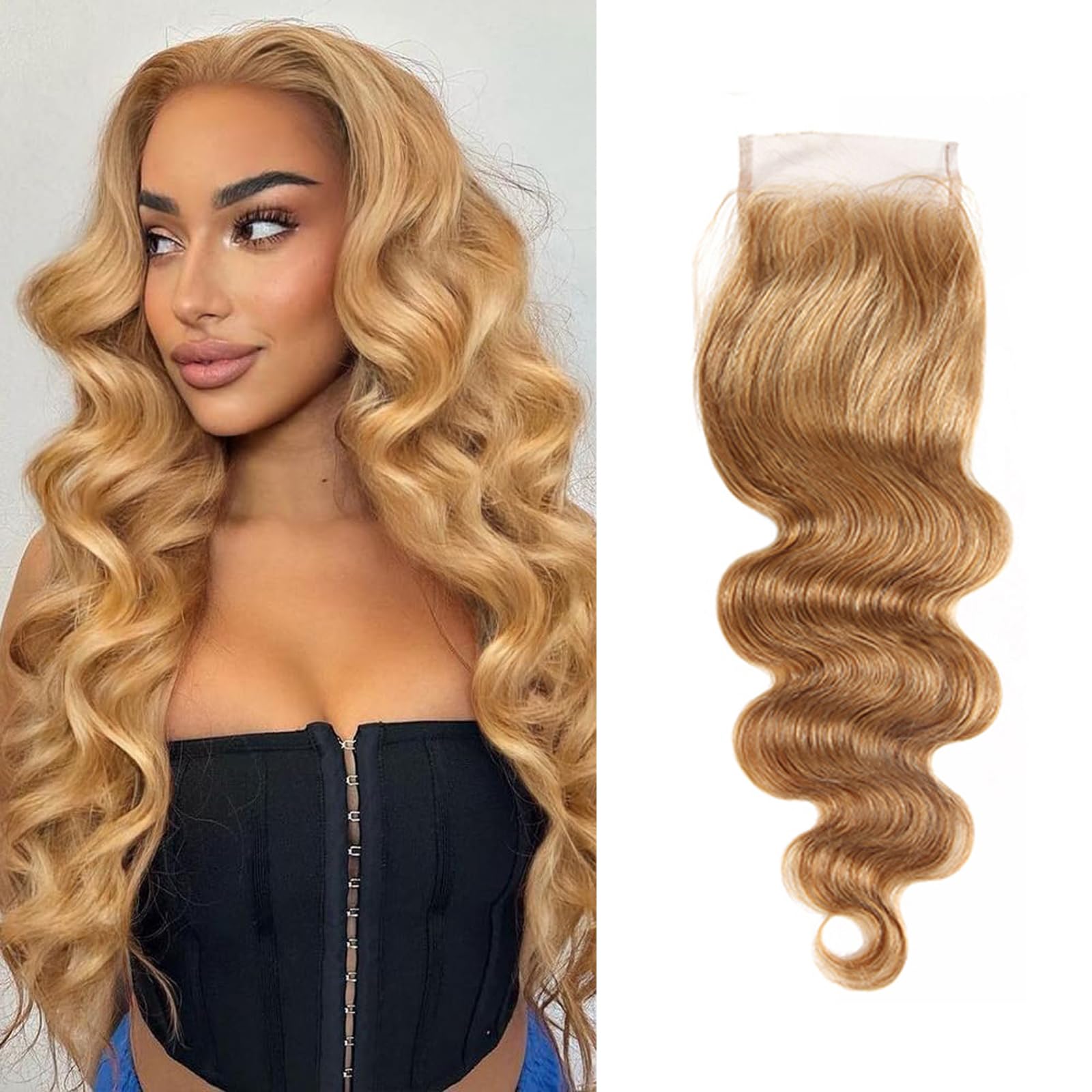 #27 Human Hair Closure Honey Blonde Body Wave Pre Plucked With BabyHair 4x4 Transparent Lace 16 Inch Free Part Bleached Konts Raw Remy Human Hair — image 1